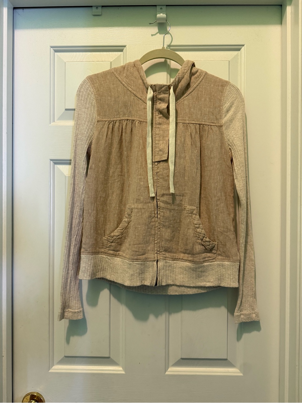 Light Beige Hooded Zip Jacket With Ribbed Sleeves